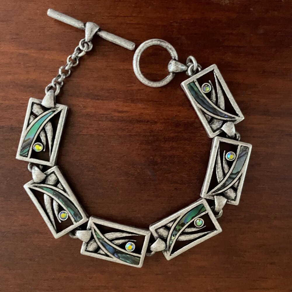 Art Deco Abalone Inlay Bracelet with Iridescent Rhinestones, Silver Tone Toggle